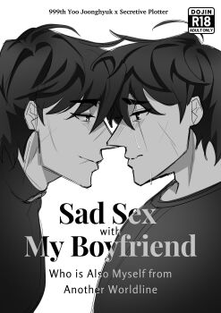 2boys absurdres areuwuu black_hair commentary english_commentary greyscale highres looking_at_another male_focus monochrome multiple_boys multiple_scars noses_touching omniscient_reader&#039;s_viewpoint scar scar_across_eye scar_on_face secretive_plotter selfcest sexually_suggestive short_hair yaoi yoo_joonghyuk yoo_joonghyuk_(999th_turn)