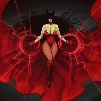 1girl bare_shoulders boots breasts cape cleavage devilhs gloves glowing glowing_eyes highres huge_breasts knee_boots leotard long_hair looking_at_viewer magic marvel pantyhose red_boots red_cape red_eyes red_gloves red_leotard red_lips red_pantyhose scarlet_witch solo strapless strapless_leotard very_long_hair wanda_maximoff x-men
