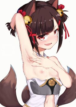 1girl absurdres akagi-chan_(azur_lane) akagi_(azur_lane) animal_ears armpit_crease armpits azur_lane bare_shoulders bell blunt_bangs breasts brown_hair chinese_commentary commentary_request detached_collar fang female_focus fox_ears fox_tail hair_bell hair_ornament hair_ribbon hairclip highres kitsune kyuubi loli midriff multiple_tails navel nipples presenting_armpit red_eyes red_ribbon ribbon sakuramon short_hair short_twintails sidelocks simple_background skin_fang small_breasts solo spread_armpit sweat sweatdrop tail trap_(drthumt) twintails white_background