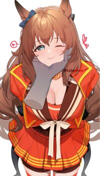 1girl ;) animal_ears aqua_eyes bike_shorts breasts brown_hair brown_shorts chikabe chin_on_palm_challenge cleavage commentary cowboy_shot disembodied_hand heart highres horse_ears horse_girl jacket large_breasts leaning_forward looking_at_viewer maruzensky_(formula_r)_(umamusume) maruzensky_(umamusume) miniskirt one_eye_closed open_clothes open_jacket pleated_skirt red_jacket red_shirt red_skirt red_thighhighs revision ribbon shirt shorts shorts_under_skirt simple_background skirt smile solo_focus speech_bubble spoken_heart thighhighs twitter_username umamusume white_background white_ribbon