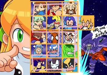 3girls 6+boys angry avengers_(series) beard blonde_hair brown_hair capcom captain_america captain_commando_(character) chun-li cyberbots dress facial_hair gambit gloves green_eyes green_hair grin headband highres hulk hulk_(series) long_hair looking_at_viewer marvel marvel_vs._capcom mask mechanical_arms mega_man_(character) mega_man_(classic) morrigan_aensland multiple_boys multiple_girls one_eye_closed onslaught_(marvel) ponytail red_dress red_eyes red_hair robot_girl roll_(mega_man) ryu_(street_fighter) saotome_jin smile speech_bubble spider-man spider-man_(series) street_fighter strider_(video_game) strider_hiryuu sunglasses tongue tongue_out darkstalkers venom_(marvel) war_machine wink wolverine_(x-men) x-men zangief