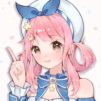 Rule 34 | 1girl, bare shoulders, beret, blue bow, blue bowtie, blue choker, blue sleeves, blue wrist cuffs, bow, bow choker, bowtie, brooch, brown eyes, bubbly voyage (infinity nikki), chinese commentary, choker, closed mouth, collared shirt, commentary request, detached sleeves, dot nose, eyelashes, frilled choker, frilled wrist cuffs, frills, glint, hair ornament, hair rings, hairclip, happy, hat, hat bow, heart, heart background, infinity nikki, jewelry, lanlan zhi jiabing, light blush, light particles, lipstick, makeup, nikki (nikki), nikki (series), pink hair, pink lips, pointing, pointing up, polka dot, polka dot background, rabbit hair ornament, shadow, shirt, short hair with long locks, sidelocks, smile, solo, sparkle, star (symbol), star choker, star hair ornament, strapless, strapless shirt, tareme, upper body, white background, white hat, wrist cuffs