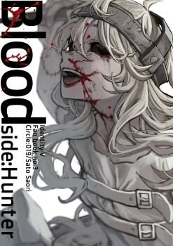 1girl :d black_sclera blood blood_on_face blood_splatter colored_sclera colored_skin english_text galatea_claude grey_skin identity_v injury long_hair makeup nosebleed open_mouth red_lips runny_makeup satou_saori smile solid_eyes solo stitched_neck stitches straitjacket wavy_hair white_hair