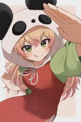 Rule 34 | 1girl, :q, absurdres, animal hood, blonde hair, blush, clenched hand, commentary request, dress, fighting stance, gradient hair, green eyes, green shirt, hair between eyes, hand up, highres, hololive, hood, hooded dress, long hair, looking at viewer, momosuzu nene, multicolored hair, panda hood, pinafore dress, pink hair, red dress, shirt, short sleeves, side slit, sleeveless, sleeveless dress, solo, tongue, tongue out, v-shaped eyebrows, virtual youtuber, yanoyu