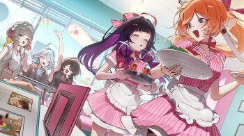 5girls ahoge apron aqua_eyes arm_up black_shirt blonde_hair blue_eyes blue_shirt blue_streaks blush boo_tao_(genshin_impact) bow bread breasts brown_hair brown_pants brown_shirt chair character_request check_character clenched_hand closed_eyes columbina_(genshin_impact) commentary_request cropped_shirt cup dress drinking_glass focalors_(genshin_impact) food frilled_apron frills genshin_impact hair_over_one_eye hand_up happy hat highres holding holding_plate hu_tao_(genshin_impact) imasaki_kei lettuce long_bangs medium_breasts menu multicolored_hair multiple_girls neck_ribbon omelet open_mouth orange_hair pants pink_bow pink_dress pizza plate purple_eyes purple_hair red_ribbon ribbon sandrone_(genshin_impact) shirt short_sleeves smile spaghetti_strap standing streaked_hair striped_clothes striped_dress sweatdrop talking teeth twintails unfinished upper_teeth_only vertical-striped_clothes vertical-striped_dress waist_apron waving white_apron white_hair white_hat white_headdress white_shirt window yanfei_(genshin_impact)