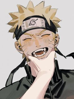 1boy 1other black_shirt blonde_hair blush closed_eyes commentary dutch_angle english_commentary facial_mark forehead_protector hand_on_another's_face highres konohagakure_symbol male_focus naruto_(series) naruto_shippuuden open_mouth out_of_frame sharp_teeth shirt short_hair smile solo_focus spiked_hair sweatdrop teeth uikaposting upper_body uzumaki_naruto whisker_markings white_background