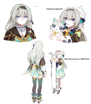 Rule 34 | 1girl, absurdres, ailushin, aqua dress, aqua thighhighs, blue pupils, blue ribbon, brown hairband, brown jacket, cat, collar, collared dress, cropped jacket, dress, firefly (honkai: star rail), gradient eyes, gradient hair, grey hair, hair between eyes, hair intakes, hair ornament, hair ribbon, hairband, highres, honkai: star rail, honkai (series), jacket, longcat (meme), meme, multicolored eyes, multicolored hair, neckerchief, official alternate costume, open mouth, orange neckerchief, ribbon, solo, thighhighs, white collar