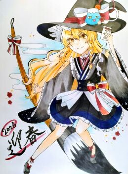 1girl 2026 :d absurdres alternate_costume ankle_ribbon black_hat black_shoes blonde_hair blush bow buttons closed_mouth clothing_request cloud dress flower frilled_bow frilled_dress frilled_hat frills happy_new_year hat hat_bow highres holding kirisame_marisa leg_ribbon long_hair long_sleeves marker_(medium) neck_ribbon new_year open_mouth oversized_object red_ribbon ribbon shoes smile solo star_ornament touhou traditional_media translation_request user_ycnn5725 very_long_hair white_bow wide_sleeves witch_hat yellow_eyes yukkuri_shiteitte_ne