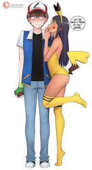 1boy 1girl absurdres animal_ears artist_name ash_ketchum ash_ketchum_(cosplay) baseball_cap black_hair blue_pants brown_eyes brown_hair cosplay denim dismaiden english_text fake_animal_ears fake_tail fingerless_gloves gen_1_pokemon glasses gloves green_gloves hachiouji_naoto hairband hat highres holding holding_poke_ball ijiranaide_nagatoro-san jeans leotard long_hair nagatoro_hayase nintendo pants patreon_logo patreon_username pikachu pikachu_(cosplay) pikachu_ears pikachu_tail poke_ball pokemon pokemon_(anime) pokemon_(classic_anime) pokemon_tail pun simple_background standing standing_on_one_leg tail tan thighhighs white_background yellow_hairband yellow_leotard yellow_thighhighs