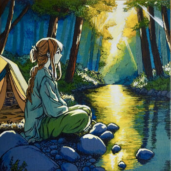 1girl absurdres acrylic_paint_(medium) aqua_sweater braid brown_hair colorful commentary_request dated_commentary day foliage forest from_side full_body green_pants highres indian_style long_hair long_sleeves nature no_mouth original outdoors painting_(medium) pants profile reflection reflective_liquid river rock scenery sidelocks single_braid sitting solo sweater tent traditional_media tree user_znxw3823 water
