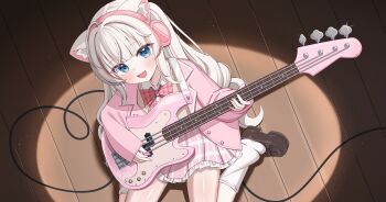 Rule 34 | absurdres, animal ear fluff, animal ears, blue eyes, bow, bowtie, brown shoes, brown sweater, cable, cat ears, character request, collared shirt, commentary, commission, copyright request, electric guitar, frilled skirt, frills, from above, guitar, headphones, highres, hiyayo25, instrument, jacket, long hair, music, on floor, open mouth, pink bow, pink bowtie, pink jacket, plaid bow, plaid bowtie, plaid clothes, plaid skirt, playing guitar, playing instrument, pleated skirt, plectrum, shirt, shoes, sidelocks, sitting, skirt, sleeves past wrists, socks, spotlight, sweater, wariza, white hair, white shirt, white socks, wooden floor