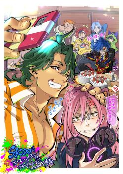 adam_(sk8) ahoge anger_vein annoyed apron araizumi_rui black_hair blue_eyes blue_hair brown_eyes cake cherry_blossom_(sk8) food glasses green_hair grin hair_between_eyes hand_on_another&#039;s_head hasegawa_langa headband holding hood hoodie jacket joe_(sk8) kyan_reki long_hair long_sleeves male_focus messy_hair miya_(sk8) multiple_boys muscular muscular_male one_eye_closed open_mouth orange_eyes pants partially_unbuttoned pectoral_cleavage pectorals pink_hair red_hair selfie shadow_(sk8) shirt short_hair sk8_the_infinity sleeves_rolled_up smile strawberry_shortcake striped_clothes striped_shirt