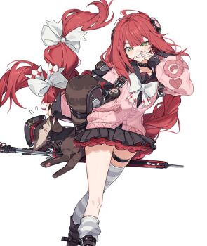 1girl absurdres animal_on_back awe_(adorableduckyy) black_sailor_collar black_skirt blush braid braided_twintails cardigan chest_bow closed_umbrella green_eyes grin hair_ornament hearing_aid highres kamanosuke_(zenless_zone_zero) long_hair looking_at_viewer loose_thighhigh low_twin_braids multiple_hair_ribbons open_mouth pink_cardigan pleated_skirt raccoon red_hair sailor_collar skirt smile sphere_hair_ornament tanuki thigh_strap twin_braids twintails ukinami_yuzuha umbrella very_long_hair zenless_zone_zero