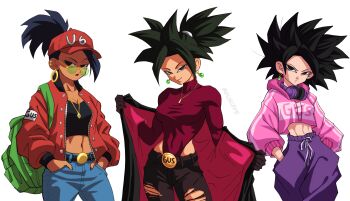 3girls abs absurdres alternate_costume alternate_hairstyle artist_name backpack bag belt black_eyes black_hair breasts caulifla dark-skinned_female dark_skin denim dragon_ball dragon_ball_super earrings glasses gusceps hand_on_pocket headphones highres jacket jeans jewelry kale_(dragon_ball) kefla_(dragon_ball) large_breasts multiple_girls navel necklace pants potara_earrings spiked_hair torn_clothes white_background