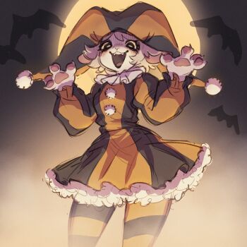 1girl animal animal_ears bat_(animal) black_dress black_eyes blush dress fangs furry furry_female goat_ears goat_girl hands_up hat highres jester_cap long_sleeves orange_dress original pantyhose smile solo striped_clothes striped_pantyhose sun tateoftot teeth upper_teeth_only