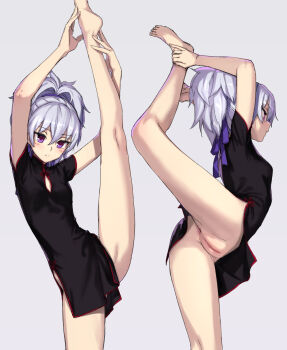 1girl anus ass bare_legs barefoot black_dress blush bottomless censored china_dress chinese_clothes cleavage_cutout cleft_of_venus closed_mouth clothing_cutout darker_than_black dress female_focus flexible hair_between_eyes hair_ribbon high_ponytail highres kawakami_rokkaku leg_lift leg_up looking_at_viewer multiple_views no_panties pelvic_curtain ponytail purple_eyes pussy ribbon short_sleeves silver_hair simple_background split standing standing_on_one_leg standing_split toes yin_(darker_than_black)