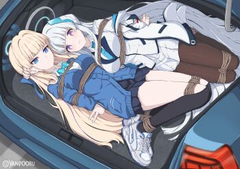 2girls ankle_boots aqua_bow aqua_bowtie arms_behind_back bdsm black_thighhighs blonde_hair blue_archive blue_cardigan blue_eyes blue_halo blue_necktie blush bondage boots bound bound_ankles bound_arms bound_legs bound_together bound_torso bow bowtie breasts brown_pantyhose car car_trunk cardigan commentary_request commission formal_clothes hair_spread_out halo high_heel_boots high_heels highres hogtie in_trunk jacket jacket_partially_removed kidnapped kidnapping large_breasts long_hair looking_at_viewer lying mechanical_halo miniskirt motor_vehicle multiple_girls necktie noa_(blue_archive) on_side open_mouth pantyhose purple_eyes restrained rope shibari shibari_over_clothes shirt shoes skirt sneakers suit thighhighs toki_(blue_archive) two-sided_fabric two-sided_jacket very_long_hair white_hair white_jacket white_shirt white_suit yanpooru zettai_ryouiki