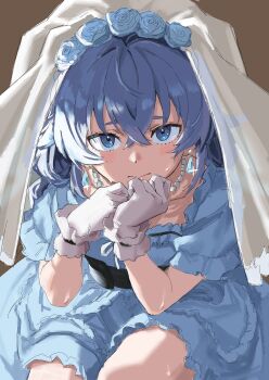 1girl absurdres alternate_costume belt blue_dress blue_eyes blue_hair bridal_veil closed_mouth commentary_request crossed_bangs dress earrings flower gloves hair_between_eyes hair_flower hair_ornament highres jewelry looking_at_viewer mushoku_tensei necklace pearl_necklace rkgktomato roxy_migurdia sitting teardrop_earrings veil white_gloves white_veil