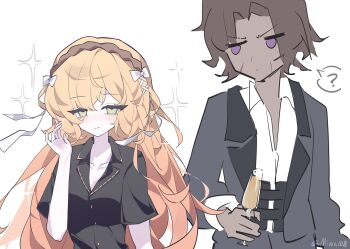 Rule 34 | 1boy, 1girl, ?, black dress, black jacket, blush, bow, brown hairband, closed mouth, commentary, cup, dark-skinned male, dark skin, dress, hair bow, hairband, hands up, heathcliff (project moon), highres, holding, holding cup, ishmael (project moon), jacket, lapels, limbus company, long hair, miwu 108, notched lapels, orange hair, project moon, rope, short sleeves, sidelocks, simple background, smile, sparkle, speech bubble, symbol-only commentary, very long hair, white background, white bow