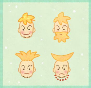 1boy beard blonde_hair blush border chibi commentary facial_hair green_background green_border hair_up looking_at_viewer lowres male_focus marco_(one_piece) multiple_views one_piece pikaole smile