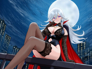 1girl absurdres bertstudent black_gloves black_thighhighs breasts cape cleavage cleavage_cutout clothing_cutout duel_monster earrings elbow_gloves gloves hair_between_eyes highres jewelry large_breasts looking_at_viewer moon navel_cutout night night_sky parted_lips purple_eyes silent_magician sitting sky thighhighs two-tone_cape yu-gi-oh!