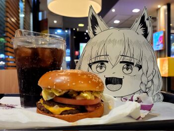 Rule 34 | 1girl, animal ears, braid, burger, corrupted twitter file, cup, diner, food, fox ears, highres, hololive, ice, interior, jqhnharqld, open mouth, paper child, shirakami fubuki, soda, tongue, unconventional media, virtual youtuber
