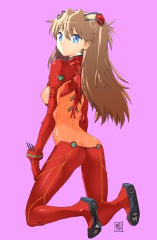 1girl absurdres artist_name blue_eyes bodysuit breasts brown_hair butt_crack closed_mouth commentary evangelion:_2.0_you_can_(not)_advance expressionless from_behind full_body highres interface_headset_(evangelion) kikumaru_bunta kneeling long_hair looking_at_viewer looking_back mecha_pilot_suit medium_breasts neon_genesis_evangelion paid_reward_available pink_background plugsuit_(evangelion) rebuild_of_evangelion red_bodysuit see-through_bodysuit see-through_clothes shoe_soles signature simple_background skin_tight solo souryuu_asuka_langley test_plugsuit_(evangelion) translated two_side_up