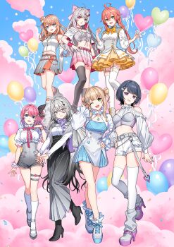 6+girls ahoge asymmetrical_legwear balloon bare_shoulders belt black_boots black_hair black_socks black_thighhighs blonde_hair boots breasts brown_hair closed_mouth colored_inner_hair colored_shoe_soles confetti double_bun dress frills full_body green_eyes grey_hair grey_shoes grey_skirt hair_between_eyes hair_bun hair_ornament heart_balloon heterochromia high_heel_boots high_heels highres idios igarashi_rika ishigami_nozomi kaburaki_roco kneehighs koshimizu_toru kuramochi_meruto layered_dress long_hair long_skirt low_twintails midriff miniskirt multicolored_hair multiple_girls multiple_thigh_straps nardack nijisanji official_alternate_costume official_art one_eye_closed open_mouth orange_hair pink_clouds pink_hair pink_skirt pleated_dress pleated_skirt red_eyes shishido_akari shoes short_dress short_hair shorts side_ponytail skirt smile socks sophia_valentine standing star_(symbol) stomach streaked_hair thigh_strap thighhighs twintails two-tone_hair uneven_legwear virtual_youtuber white_shorts white_socks white_thighhighs