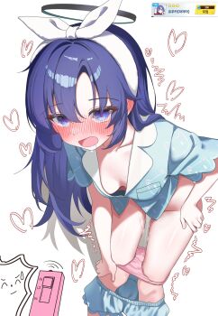 ! 1boy 1girl ^^^ absurdres black_halo blue_archive blue_eyes blue_hair blue_pajamas blue_shirt blue_shorts blush bow_hairband breasts cleavage clothes_pull collarbone commentary_request controller doodle_sensei_(blue_archive) drawing_flover embarrassed hairband halo highres holding holding_remote_control implied_vibrator long_hair looking_at_viewer medium_breasts nose_blush official_alternate_costume official_alternate_hairstyle open_mouth pajamas panties panty_pull pink_panties pov pov_hands print_pajamas pussy_juice pussy_juice_stain pussy_juice_trail remote_control remote_control_vibrator sensei_(blue_archive) sex_toy shirt short_shorts shorts shorts_pull simple_background stained_panties tearing_up thighs trembling underwear vibrator wet wet_clothes wet_panties white_background white_hairband wireless_sex_toy_controller yuuka_(blue_archive) yuuka_(pajamas)_(blue_archive)