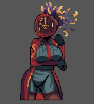 1girl analog_clock arm_under_breasts arm_up baeloe black_gloves black_leggings breasts burning clock coat collared_dress cowboy_shot dante_(limbus_company) dress genderswap genderswap_(mtf) gloves grey_background grey_dress large_breasts leggings limbus_company looking_at_viewer necktie pixel_art project_moon prosthetic_head red_coat red_necktie sweatdrop twisted_torso