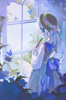 1girl absurdres ayaka_(genshin_impact) back_bow blue_bow blue_butterfly blue_capelet blue_flower blue_gemstone blue_sky blunt_ends bow braid braided_hair_rings brown_hat bug butterfly butterfly_hair_ornament capelet cherry_blossom_print chinese_commentary commentary_request day feet_out_of_frame floral_print flower folding_fan from_behind gem genshin_impact grass grey_bow grey_skirt hair_ornament hair_rings hand_fan hat hat_bow hat_flower highres holding holding_fan indoors insect kamisato_ayaka kamisato_ayaka_(springbloom_missive) large_bow light_particles light_rays long_skirt long_sleeves looking_outside official_alternate_costume path pink_flower pleated_skirt print_capelet puffy_long_sleeves puffy_sleeves purple_bow road shanwenyufan shirt short_hair shoulder_bow skirt sky solo standing vision_(genshin_impact) white_hair white_shirt window