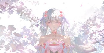 1girl absurdres bare_shoulders breasts closed_mouth colored_eyelashes commentary_request earrings flower flower-shaped_pupils hair_flower hair_ornament hair_ribbon hair_rings highres jewelry jinhsi_(wuthering_waves) long_hair looking_at_viewer medium_breasts official_alternate_costume partial_commentary peach_blossom petals pink_petals pink_pupils purple_ribbon qiuqiuku ribbon smile solo straight-on symbol-shaped_pupils twintails upper_body white_eyelashes white_eyes white_hair wuthering_waves