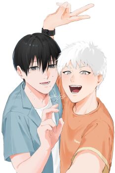 2boys black_hair blue_shirt blush commentary_request grey_eyes highres hikaru_ga_shinda_natsu indou_hikaru looking_at_viewer male_focus miso_concon mole mole_on_cheek mole_on_neck mole_under_eye mole_under_mouth multiple_boys multiple_moles orange_shirt selfie shirt short_eyebrows short_hair simple_background slit_pupils smile teeth tsujinaka_yoshiki upper_body v watch white_background white_hair white_shirt wristwatch yaoi
