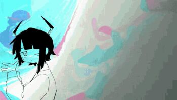 abstract_background animated animated_gif black_hair clone colorful_background cruormor ghost_and_pals horns lagtrain_(vocaloid) one_eye_closed parody qualia_automata reckless_battery_burns style_parody surreal sweater tamari_(team6x111) team6x111 uneven_bangs