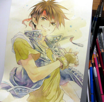 1boy agahari black_vest brown_eyes brown_hair chain chain_necklace commentary_request fingerless_gloves gloves grin headband jewelry looking_at_viewer majutsushi_orphen male_focus necklace open_clothes open_vest orphen painting_(medium) photo_(medium) red_headband shirt short_hair short_sleeves smile solo traditional_media upper_body vest yellow_gloves yellow_shirt