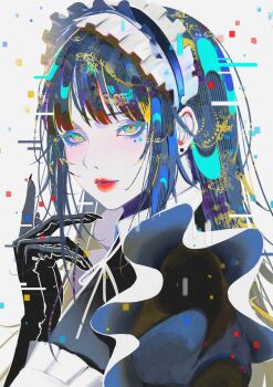 1girl absurdres black_dress black_gloves black_hair blue_eyeliner closed_mouth commentary_request dress earrings elbow_gloves eyelashes eyeliner film_grain frilled_dress frills from_side gloves hand_up highres jewelry juliet_sleeves long_hair long_sleeves looking_at_viewer maid maid_headdress makeup multicolored_eyes original partial_commentary puffy_sleeves red_lips red_pupils ringed_eyes simple_background solo syakemayusan turning_head upper_body white_background white_headdress