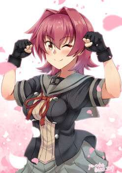 1girl black_jacket brown_eyes cowboy_shot flexing grey_sailor_collar grey_skirt hair_intakes highres jacket kantai_collection kinu_(kancolle) kinu_kai_ni_(kancolle) one_eye_closed petals pleated_skirt red_hair sailor_collar school_uniform serafuku shirt short_hair skirt smile solo yellow_shirt yo-suke