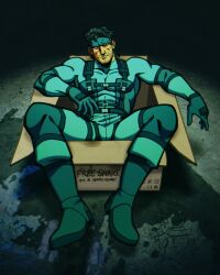 Rule 34 | 1boy, absurdres, bara, bear, beard stubble, boots, box, dark, facial hair, formal, gloves, headband, highres, in box, in container, leather, leather belt, looking at viewer, male focus, manly, mature male, metal gear (series), metal gear solid, miles mandel, muscular, muscular male, pectorals, solid snake, solo, spandex, spiked hair, spotlight, spread legs, stubble, suit, thick arms, thick thighs, thighs, tight clothes