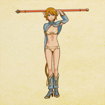 Rule 34 | 1girl, alphabet, animal ears, bad id, bad pixiv id, bikini, bikini top only, blue eyes, brown hair, female focus, gender request, genderswap, journey to the west, letter pose, midriff, monkey ears, monkey tail, navel, panties, polearm, short hair, solo, staff, sun wukong, swimsuit, tail, underwear, weapon, yuuhei