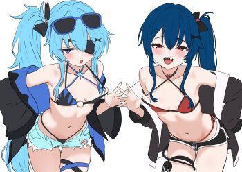 2girls :o absurdres armpits bare_shoulders bent_over bikini bikini_pull black_bikini black_jacket blue-framed_eyewear blue_eyes blue_hair blue_shorts bow breasts clothes_pull commission cowboy_shot criss-cross_halter cutoffs denim denim_shorts dolphin_shorts drawstring erno_(storm) eyepatch eyewear_on_head hair_bow halterneck hand_on_own_hip heart highres jacket long_hair long_sleeves looking_at_viewer micro_shorts multi-strapped_bikini_top multiple_girls navel o-ring o-ring_bikini off_shoulder oldsickkim open_clothes open_fly open_jacket open_mouth original ponytail pulling_own_clothes red_bikini red_eyes sharp_teeth short_shorts shorts side-tie_bikini_bottom side_ponytail simple_background skindentation small_breasts smile standing stomach strap_pull string_bikini sunglasses swimsuit tail_around_own_leg teeth thigh_gap thigh_strap thighs very_long_hair wet white_background zero_(storm)