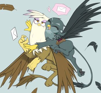 Rule 34 | ^ ^, animal focus, annoyed, beak, blue background, closed eyes, commentary, creature, creature focus, envelope, feathered wings, gabby (my little pony), gilda (my little pony), griffin, highres, hug, jitome, my little pony, my little pony: friendship is magic, no humans, noupu1115, open mouth, orange eyes, pawpads, simple background, smile, untranslatable commentary, wings
