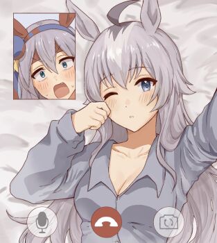 2girls ahoge animal_ears black_hair blue_eyes blue_hairband blush breasts cleavage collar collared_shirt commentary ear_covers flustered grey_hair grey_shirt hairband headband highres horse_ears horse_girl long_hair lying medium_breasts multicolored_hair multiple_girls oguri_cap_(umamusume) on_back on_bed shirt sleepy striped_clothes striped_hairband sweatdrop symbol-only_commentary taa_in1 talking_on_phone tamamo_cross_(umamusume) umamusume video_call waking_up white_hair