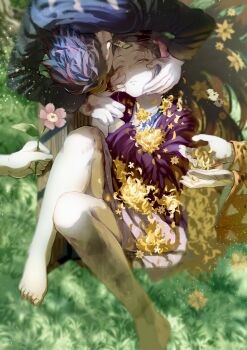 1girl 1other 2boys agatsuma_zenitsu bare_legs barefoot black_hair black_jacket blood blood_on_face blood_on_hands blurry brother_and_sister brown_hair closed_eyes closed_mouth dappled_sunlight day disembodied_hand dress earrings eyelashes feet flower from_above grass hair_ribbon hanafuda_earrings hands_on_another&#039;s_cheeks hands_on_another&#039;s_face highres holding holding_flower injury jacket japanese_clothes jewelry kamado_nezuko kamado_tanjirou kimetsu_no_yaiba kimono knee_up light_particles long_hair long_sleeves lying mau_sakura multicolored_hair multiple_boys on_back on_grass on_ground out_of_frame outdoors parted_lips pink_flower pink_ribbon purple_kimono ribbon shirt short_hair siblings skirt sleeping solo_focus sunlight toes very_long_hair wide_sleeves yellow_flower yellow_kimono