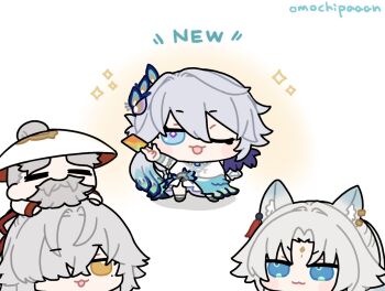 2boys 2girls animal_ears artist_name beard blue_eyes bracelet chibi commentary_request dress earrings english_text facial_hair feixiao_(honkai:_star_rail) forehead_jewel fox_ears hair_over_one_eye hat honkai:_star_rail honkai_(series) huaiyan_(honkai:_star_rail) jewelry jing_yuan multiple_boys multiple_girls omochi_binta one_eye_closed peacock_feathers_hair_ornament red_ribbon ribbon tassel white_background white_hair yao_guang_(honkai:_star_rail) yellow_eyes
