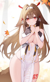 1girl absurdres animal_ears breast_press breasts brown_hair brown_tail china_dress chinese_clothes cleavage_cutout clothing_cutout covered_navel dress droopy_ears fox_ears fox_girl hairband hands_up high-waist_dress highres large_breasts long_hair origami_(poinia) pelvic_curtain red_eyes smile solo tail white_background white_hairband ye_shunguang zenless_zone_zero