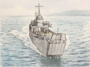 Rule 34 | amphibious assault ship, atelier bono, boat, cloud, cloudy sky, commentary request, highres, imperial japanese navy, landing craft, mast, military, military vehicle, motor vehicle, mountainous horizon, no. 101-class landing ship, no humans, ocean, original, ramp, sailing, sky, truck, vehicle focus, watercraft