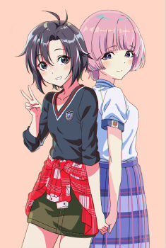 Rule 34 | 2girls, antenna hair, arched bangs, arimura mao, back-to-back, black eyes, black hair, black shirt, blue skirt, brown background, chromatic aberration, closed mouth, commentary request, cowboy shot, gakuen idolmaster, green skirt, grin, highres, holding hands, idolmaster, idolmaster (classic), kikuchi makoto, looking at viewer, multiple girls, pink hair, plaid clothes, plaid skirt, shirt, shitoto, short hair, short sleeves, simple background, skirt, smile, standing, tomboy, v, white shirt