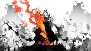 Rule 34 | 1girl, absurdres, black dress, chest sarashi, dress, eyepatch, fire, flaming sword, flaming weapon, gauntlets, general geega, grey hair, hashtag-only commentary, highres, horns, indie virtual youtuber, kuroi enpitsu, long hair, partially colored, pointy ears, red eyes, sarashi, standing, sword, virtual youtuber, weapon