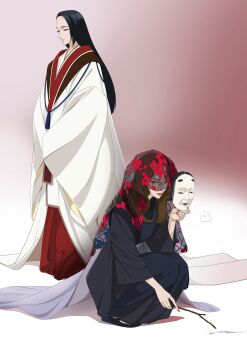 Rule 34 | 2girls, azusa (yatagarasu series), black eyes, black hair, black kimono, brown hair, closed eyes, closed mouth, commentary request, floral print, hakama, hakama skirt, hand up, hatsune (yatagarasu series), highres, holding, holding mask, holding stick, japanese clothes, karasu wa aruji wo erabanai, kimono, ko-omote mask, lipstick, long hair, looking at viewer, makeup, mask, mole, mole under eye, multiple girls, noh mask, nori (norimakigumo), print veil, red hakama, red lips, red nails, sandals, sash, signature, skirt, smile, squatting, stick, tassel, uchikake, v arms, veil, white kimono, white sash, wide sleeves