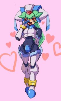 1girl armor candy chocolate chocolate_heart crotch_plate food forehead_jewel full_body green_hair hayebsi heart heart-shaped_food helmet holding holding_chocolate holding_food long_hair mega_man_(series) mega_man_zx model_w_(mega_man) pandora_(mega_man) pink_background power_armor red_eyes simple_background solo valentine white_armor white_helmet